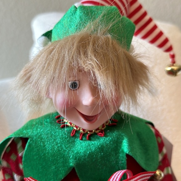 Christmas elf shelf sitter very tall posable jingle bells, pom-poms, red, green - Picture 2 of 9
